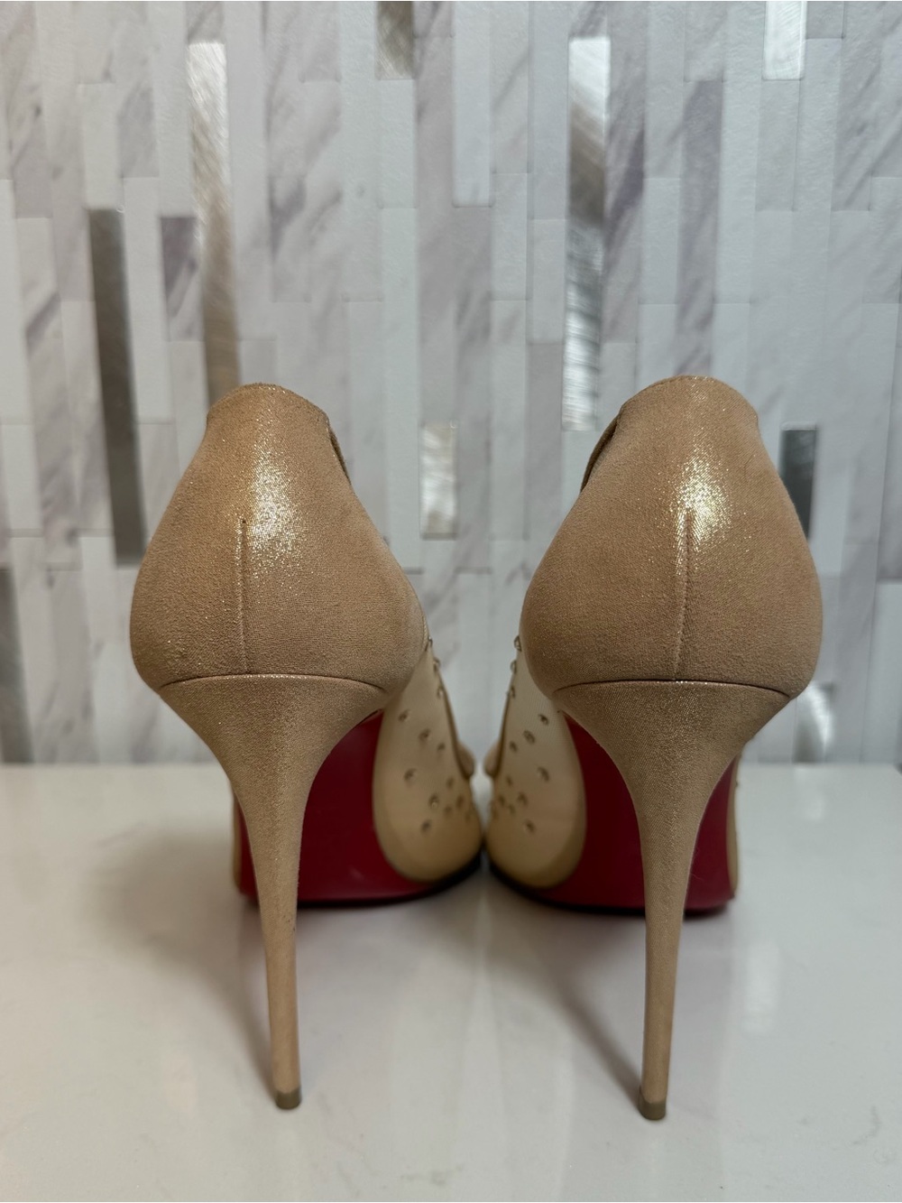 💎Christian Louboutin Nude Follies Strass Suede Rhinestones Heels 100 Size 39 - Picture 7 of 15